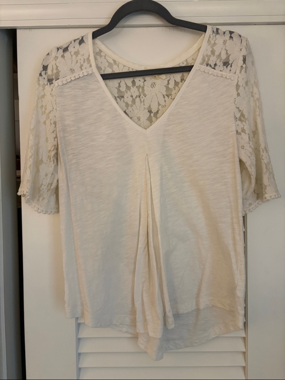 Anthropologie Cream Lace-Sleeve V-Neck Top with Front Pleat